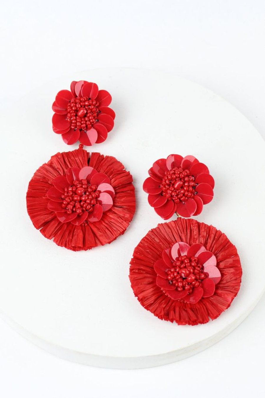 Clearance Raffia Beaded Flower Disc Drop Earrings