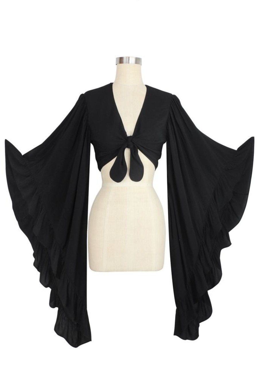 New Butterfly Sleeve Tie Top-Black