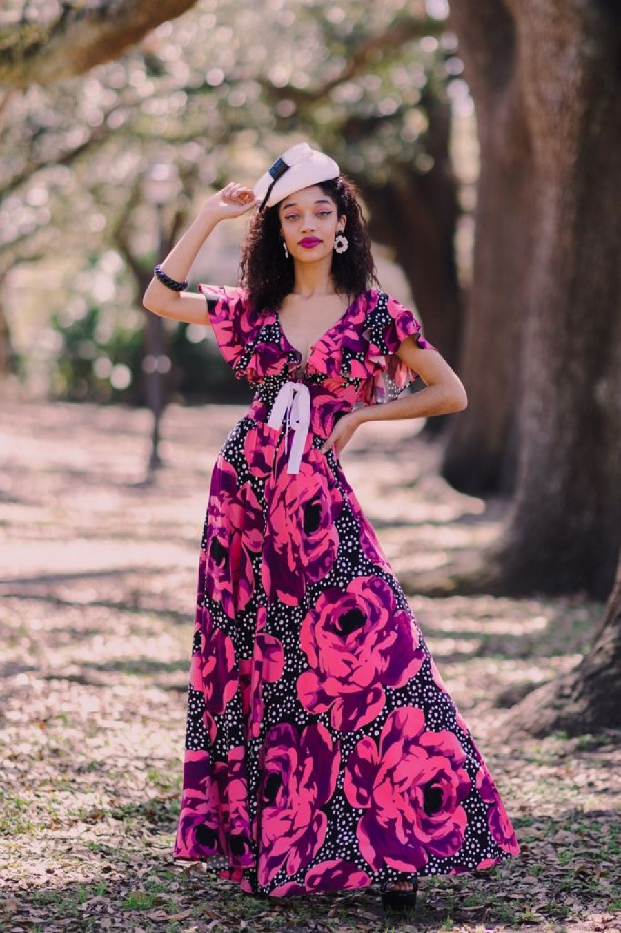 New Ingenue Long Dress-Polka Dot Rose