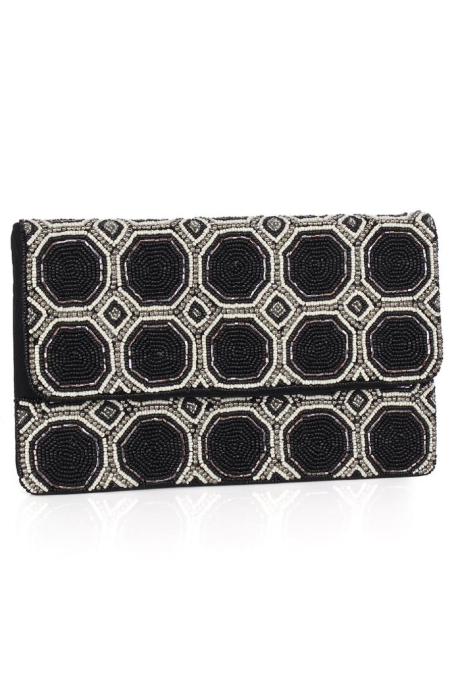 Hot Black Cream Octagon Beaded Clutch