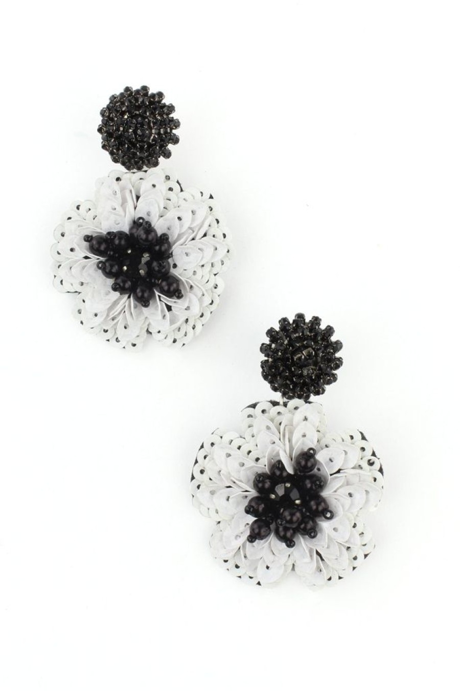 Best Black And White Sequin Flower Drop Earrings