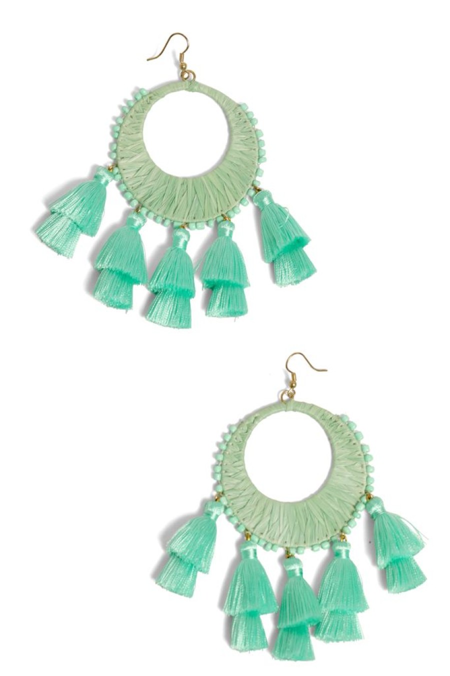 Hot Mint Circle Raffia And Tassel Earrings