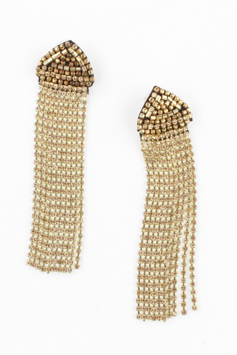 Hot Gold Bronze Bead And Crystal Tassel Earrings