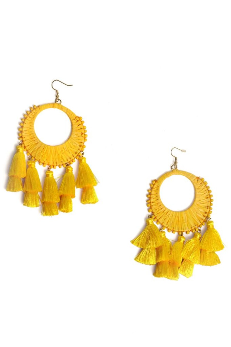 Clearance Mustard Circle Raffia And Tassel Earrings