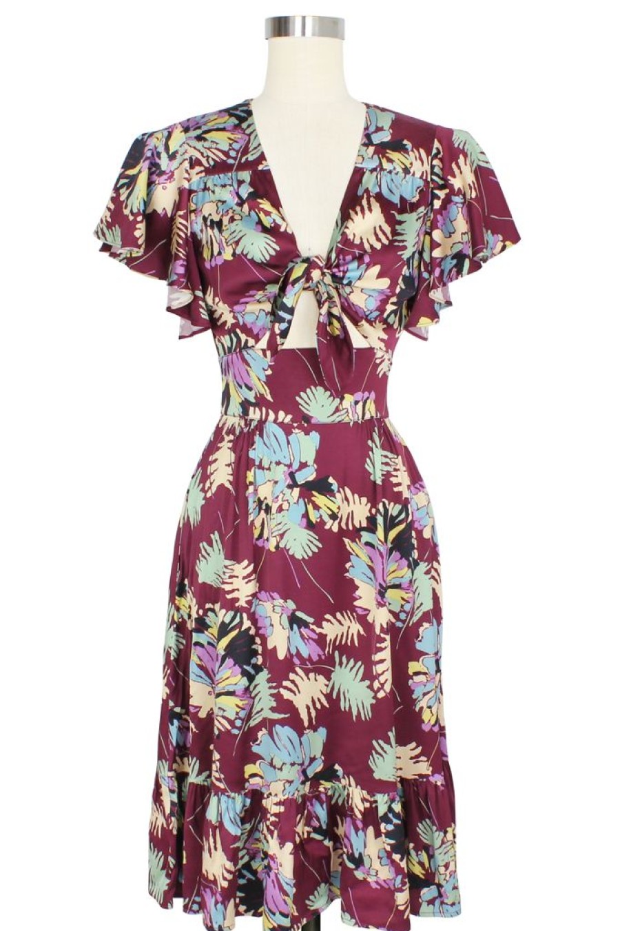 Hot Mai Tie Dress-Bordeaux Ferns