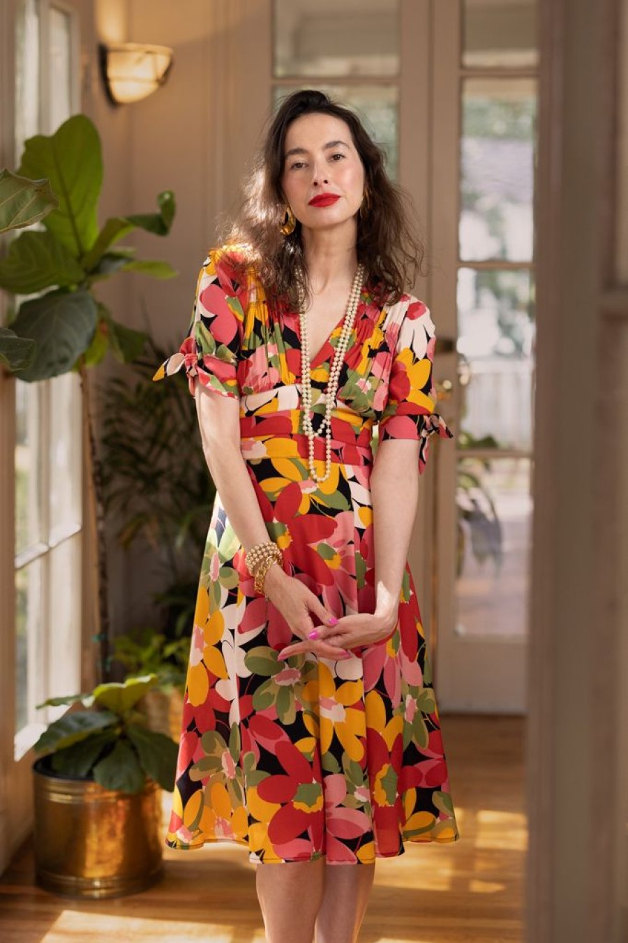 Hot Tie Sleeve 40S Dress-Flower Power