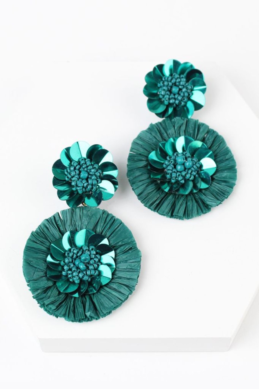 Wholesale Raffia Beaded Flower Disc Drop Earrings